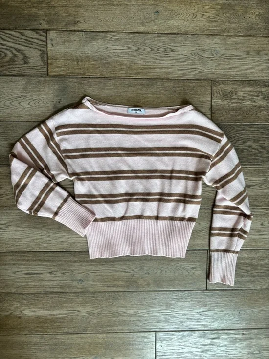 RSQ Pink & Brown Off The Shoulder Stripe Sweater Small - Picture 5 of 8